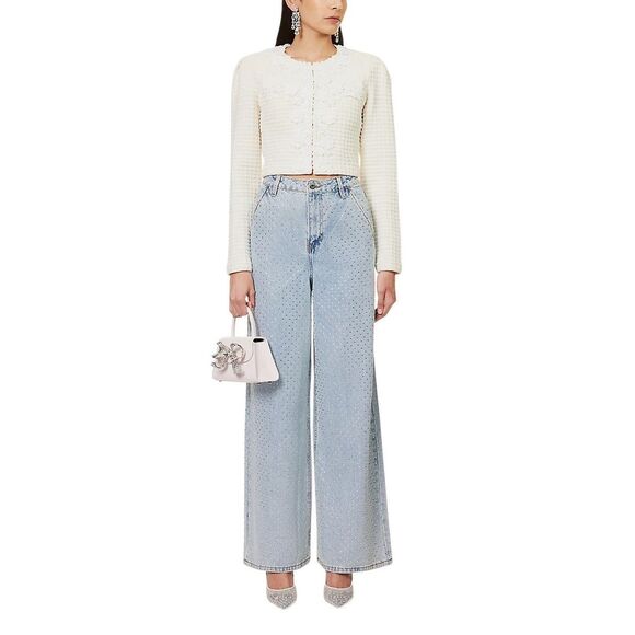 NWT Self-Portrait Blue Rhinestone Wide-Leg Jeans Size 27 - Picture 3 of 16